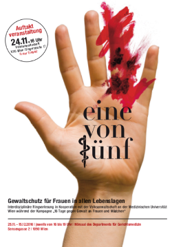 Plakat der Lehrveranstaltung - das Sujet ist eine Hand mit abgestreckten Fingern. Der Ringfinger ist rot übermalt. Darüber gelegt ist der Schriftzug "eine von fünf". Links oben in der Ecke ist die Information zur Auftaktveranstaltung am 24.11., am unteren Rand allgemeine Information zur LVA, aufgelistet.