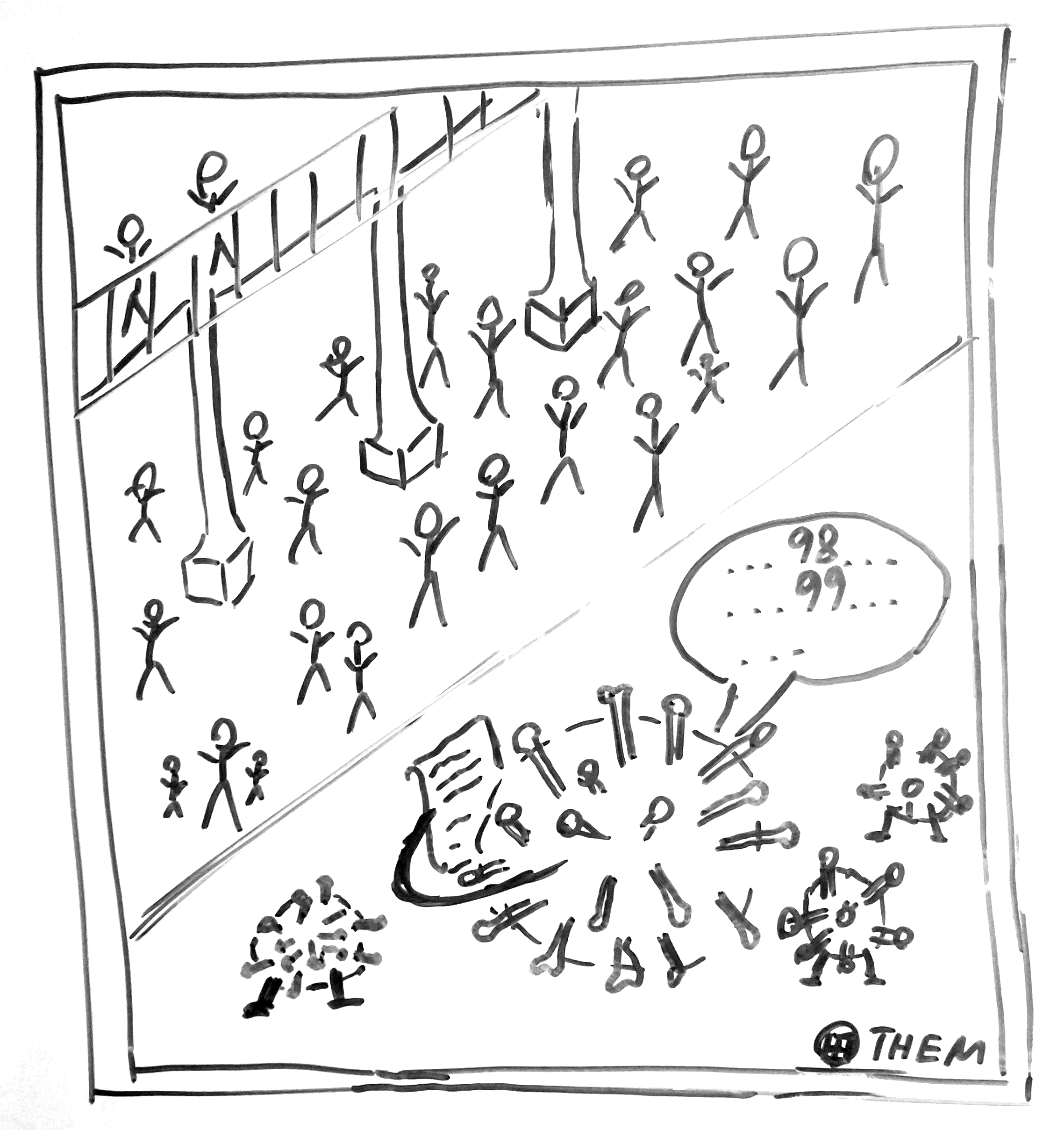 carricature of a circle with people and a speech bubble counting to 100 carricature of a circle with people and a speech bubble counting to 100