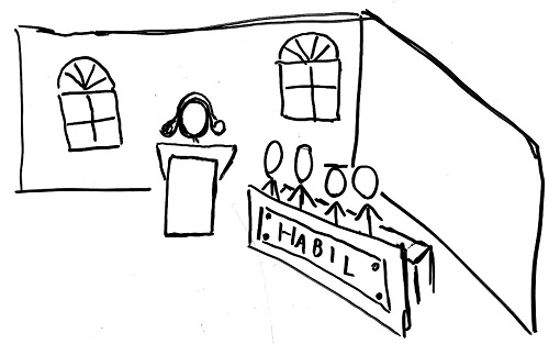 a scene resembling the courtroom with a banner that says "habil" a scene resembling the courtroom with a banner that says "habil"