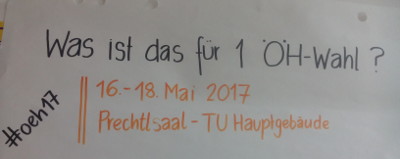 Foto von einem Teil eines Info-Posters. Der Titel lautet "Was ist das für 1 ÖH-Wahl?", darunter sind der Hashtag zur Wahl, #oeh17, sowie Datum und Ort (16.-18. Mai 2017, Prechtlsaal - TU Hauptgebäude) zu lesen.