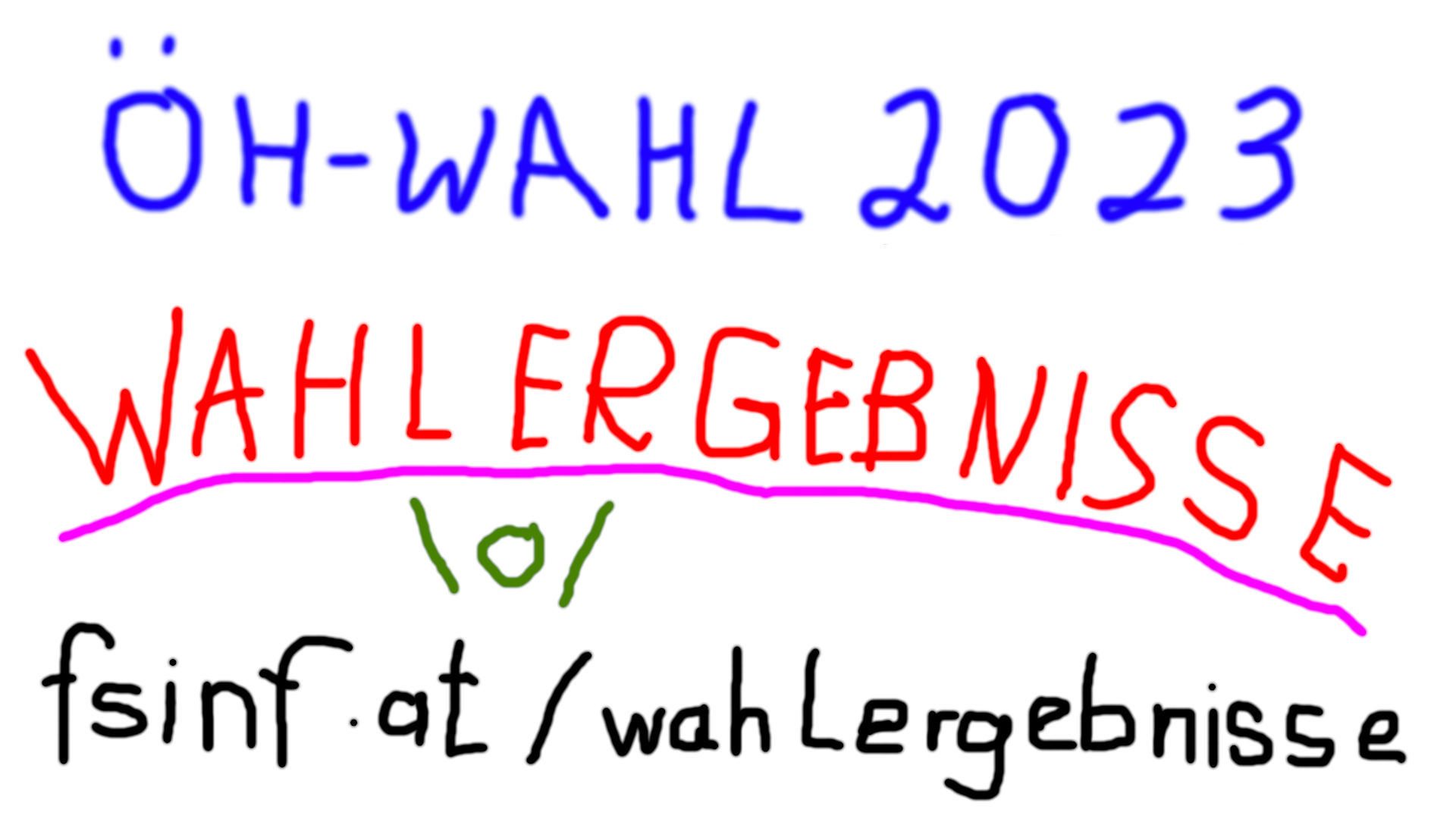 Wahlergebnisbanner by someone und seinen epischen GIMP-Skills. Inhalt: "ÖH-Wahl 2023", darunter "Ergebnisse! \\o/" und "fsinf.at/wahlergebnisse"