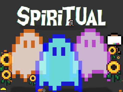 Drei Geister schweben vor Sonnenblumen mit dem Titel 'SpiriTUal'. Das Logo von unserem Online-Spiel 'SpiriTUal'.
