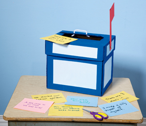 A picture with a table and a Mailbox with a red flag pointing upwards on it