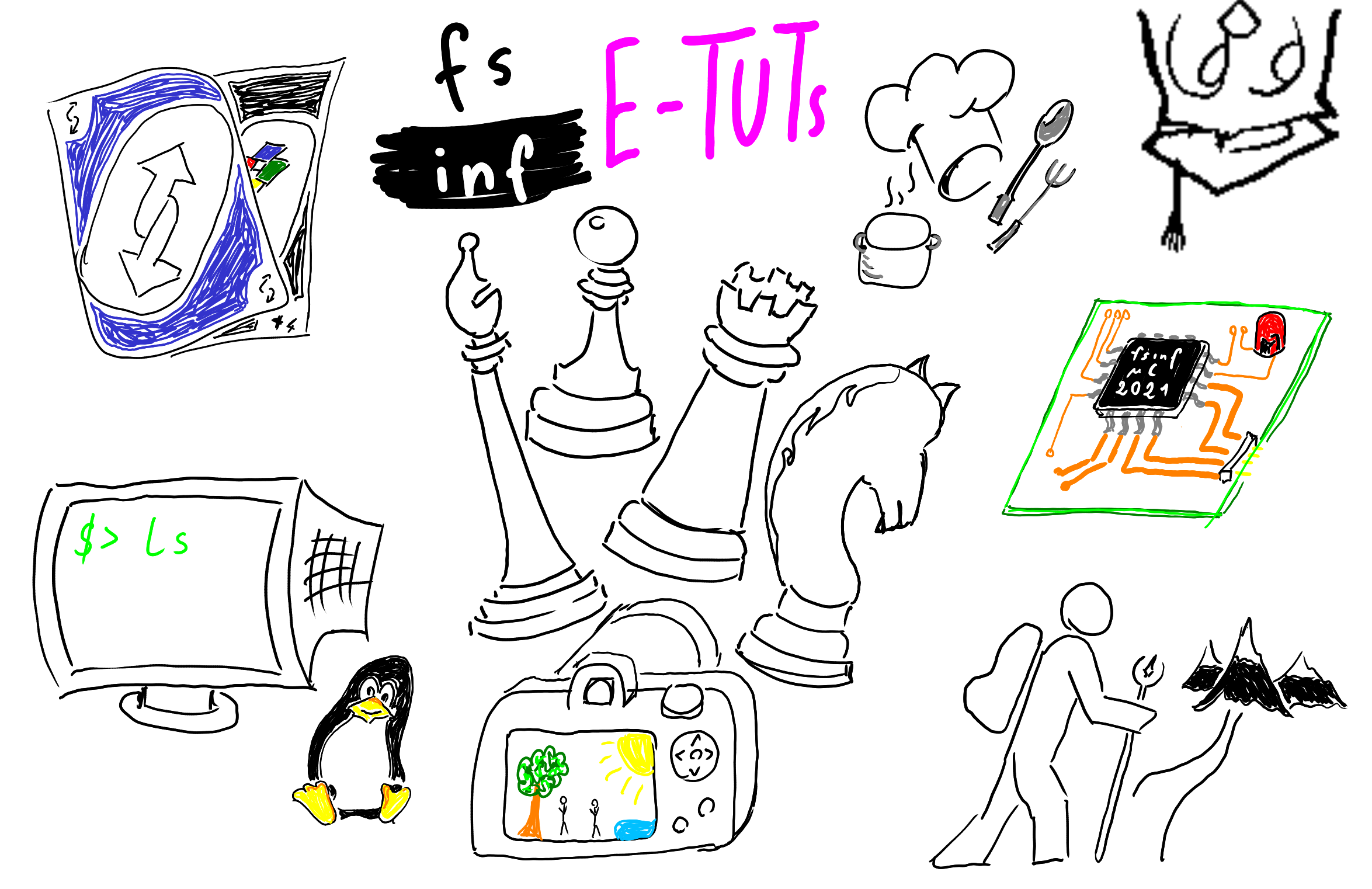 Verschiedene Symbole Grafiken zeigen unterschiedliche Tätigkeiten die im Rahmen der FSINF E-Tuts gemacht werden können, darunter Schach, Fotografie, Kochen, Wandern & Command-Line Tools.