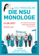 Das Ankündigungsplakat für die NSU-Monologe in Wien. Weißer Hintergrund, türkiser Rahmen. In türkisen Großbuchstaben: "NSU-Monologlari - Die NSU Monologe". Darunter, in rot: 14.06.2017, 20:00 Uhr.